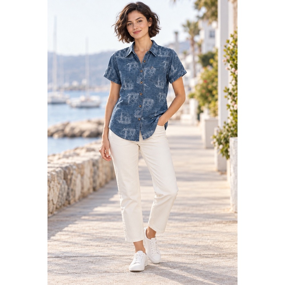 Peau De Loup Shirt Size 4 Women's S Blue Chambray Sailboat Print Button Up